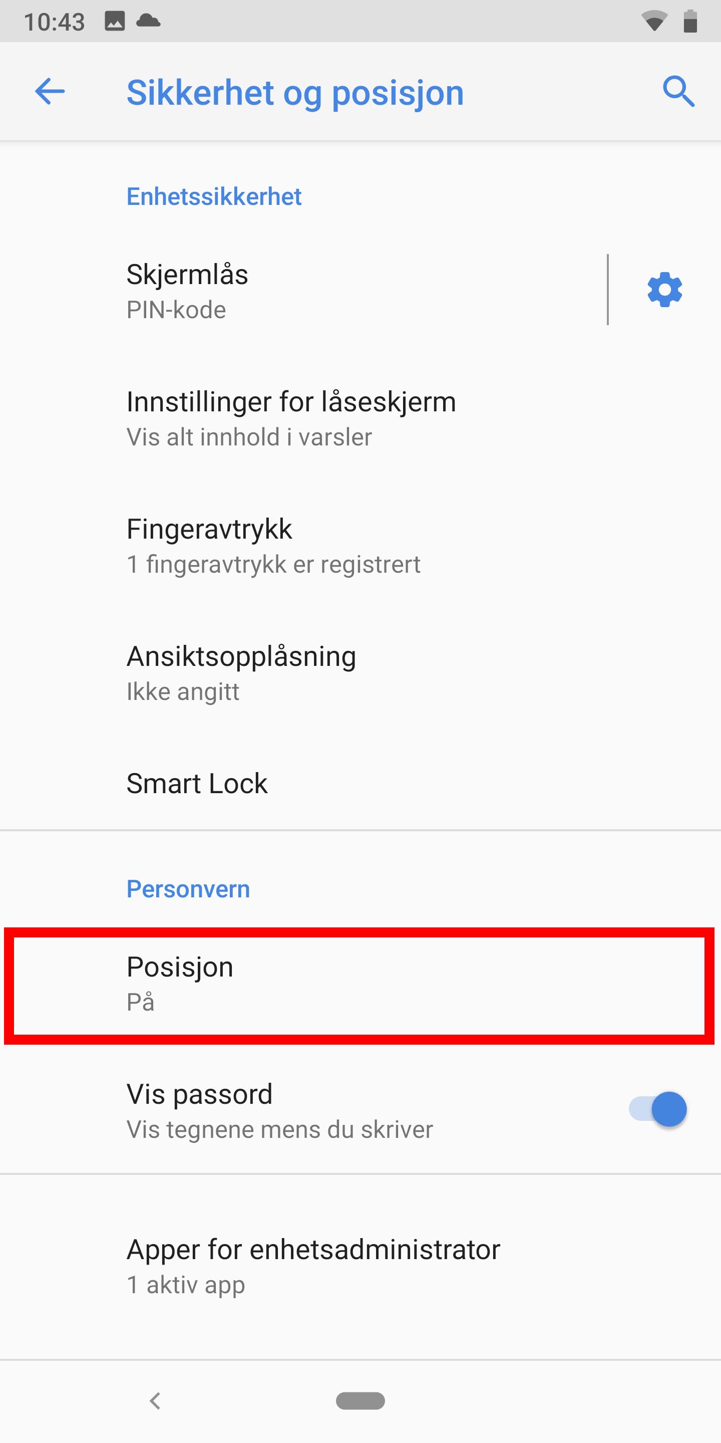 Posisjonsdata på Android 9