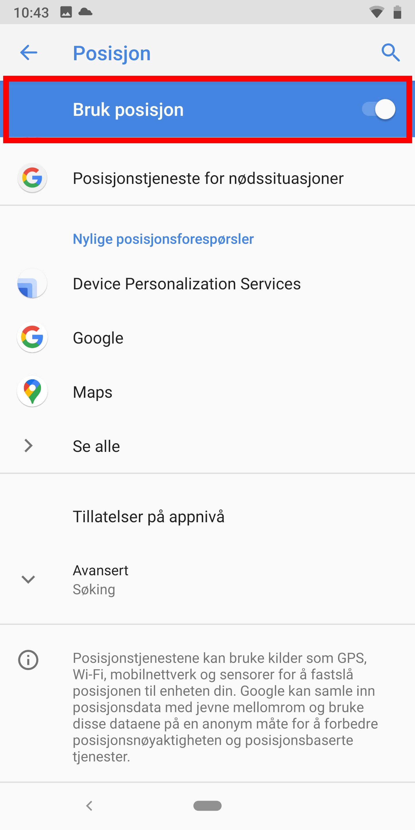 Posisjonsdata på Android 9