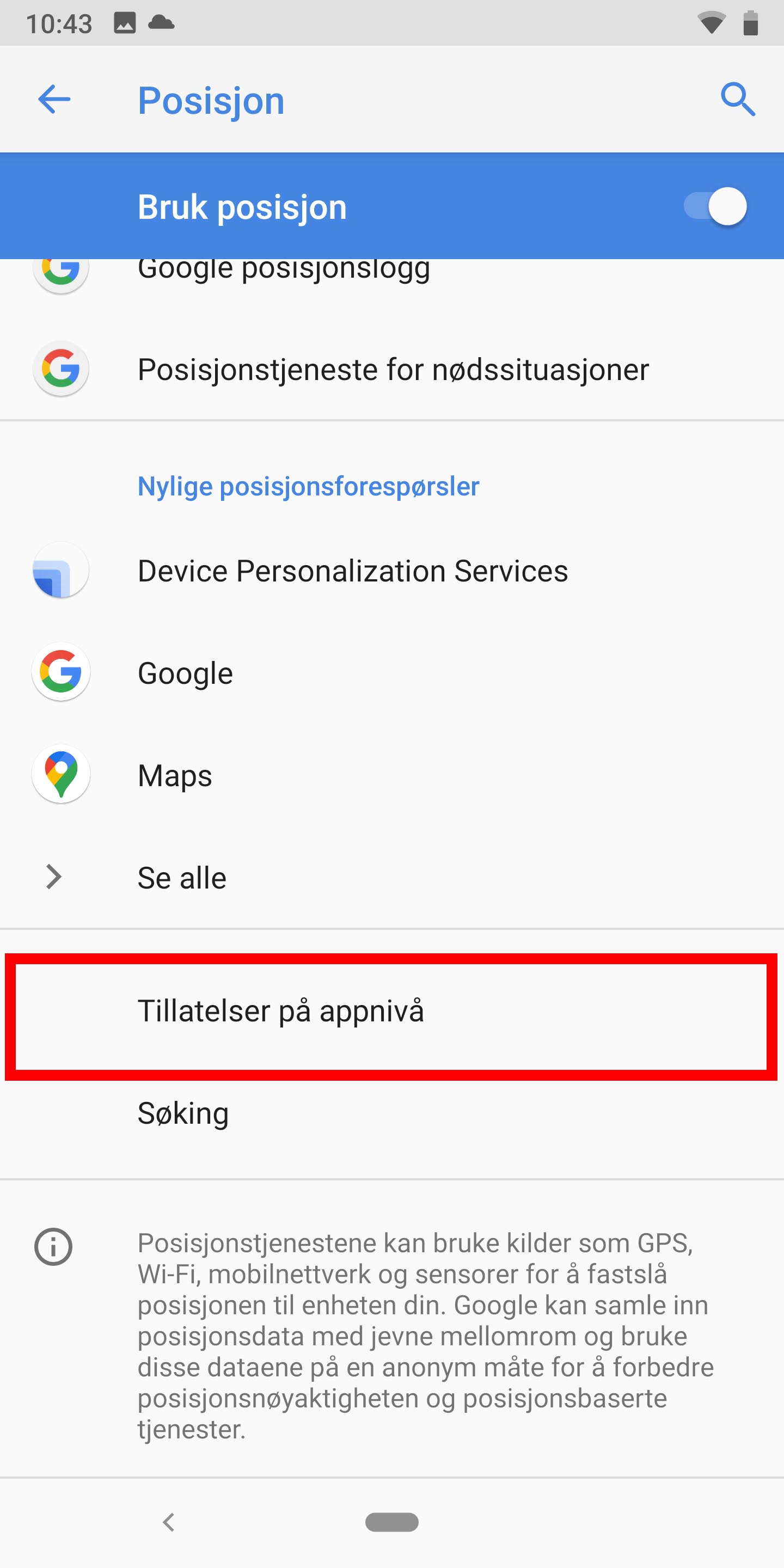 Posisjonsdata på Android 9