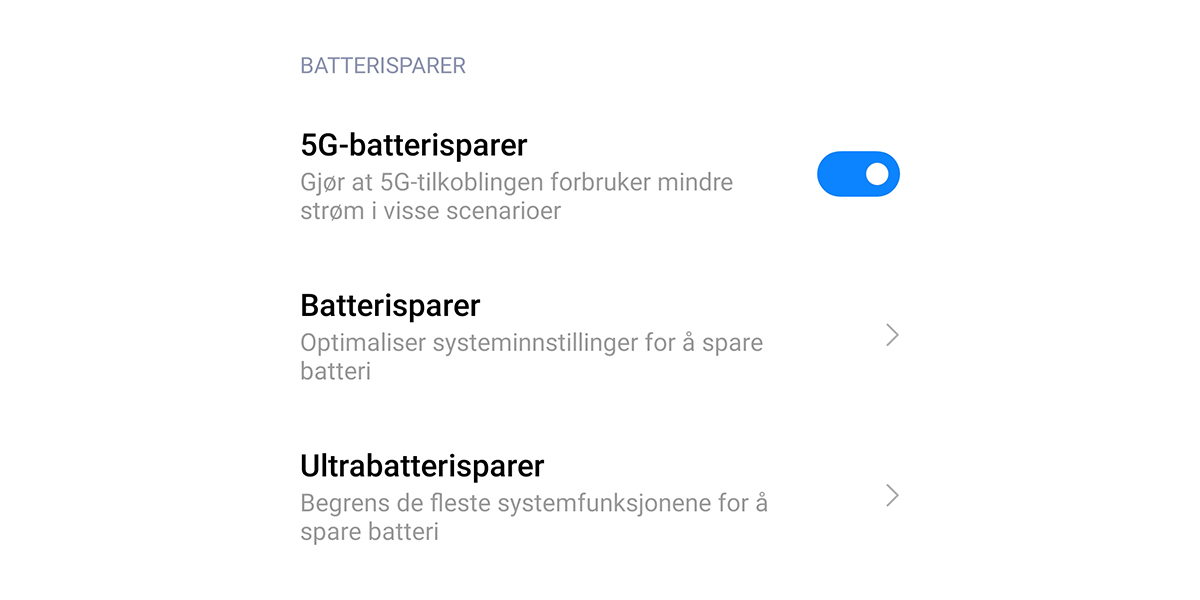 Android 5G-innstillinger i batterisparer-modus på Xiaomi Mi 11 