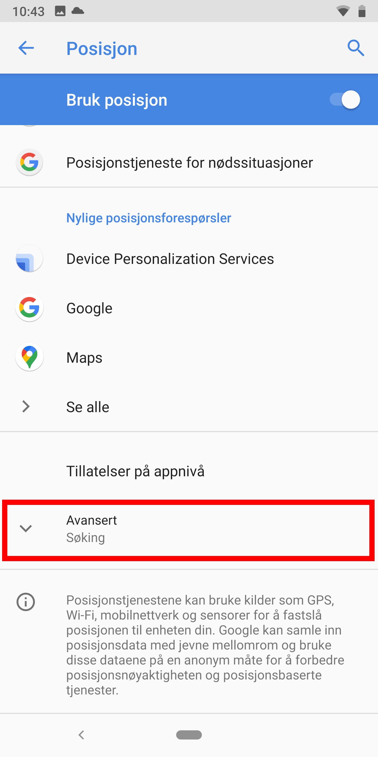 Posisjonsdata på Android 9