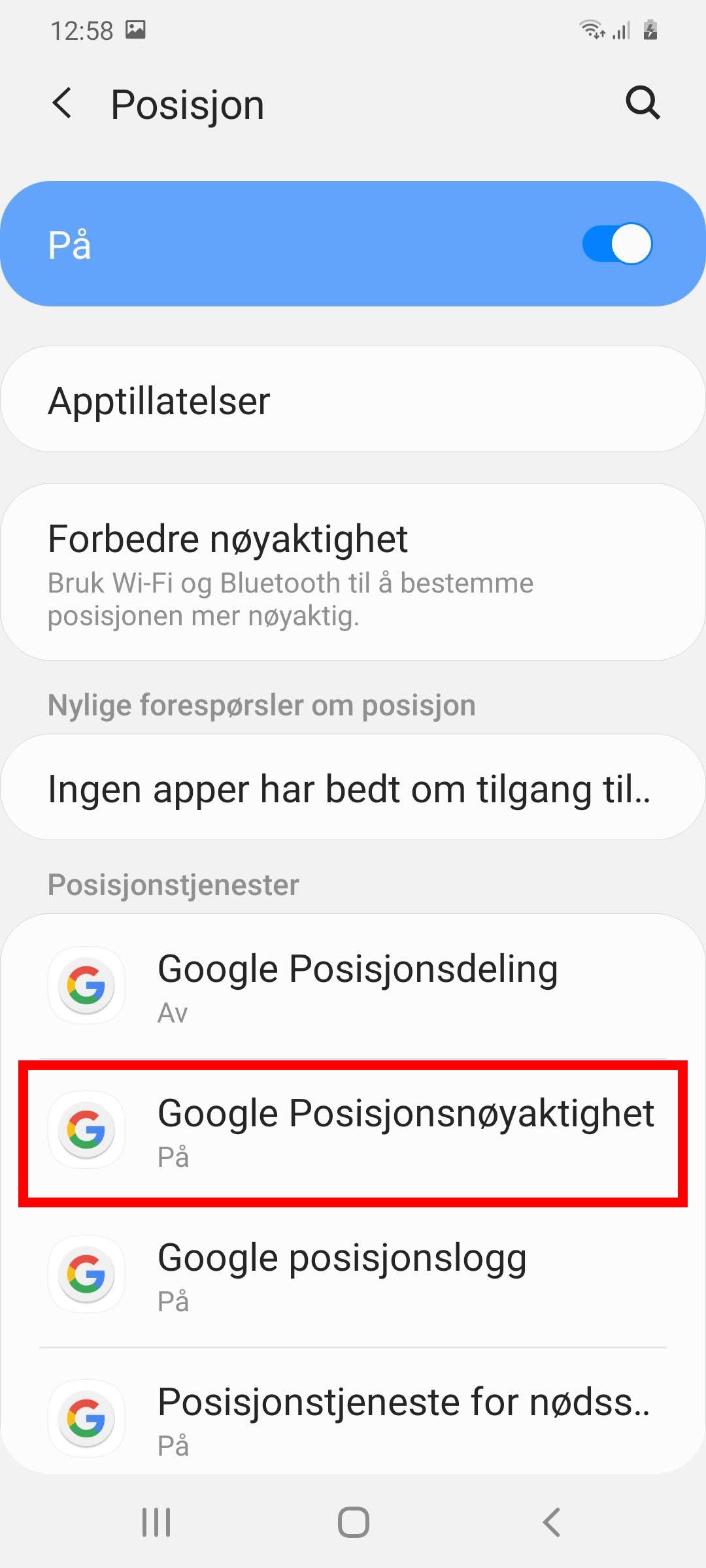 Posisjonsdata på Android 10