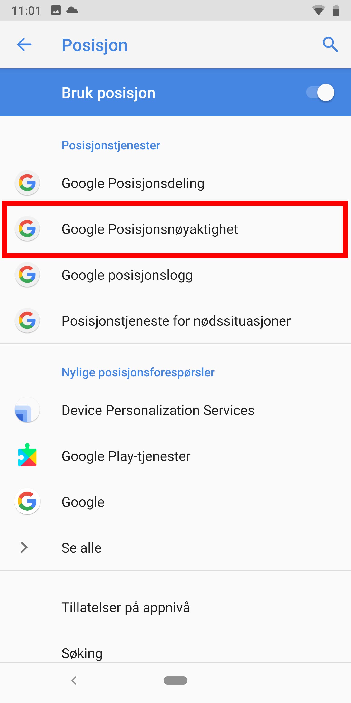 Posisjonsdata på Android 9