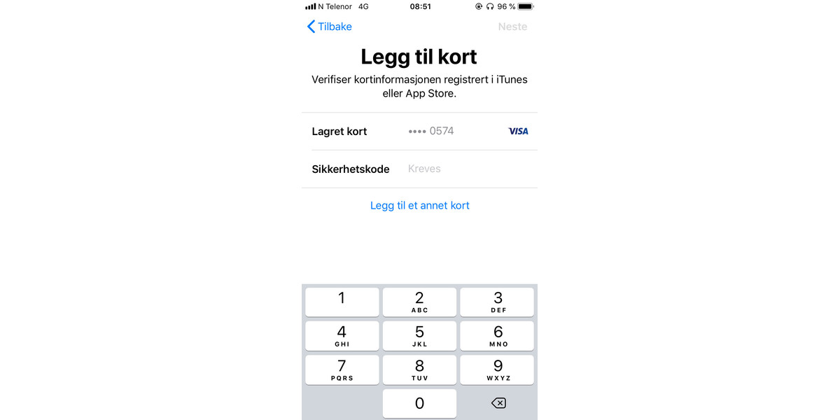 Har du allerede et kort knyttet til App Store eller iTunes, kan du bruke dette også i Apple Pay.