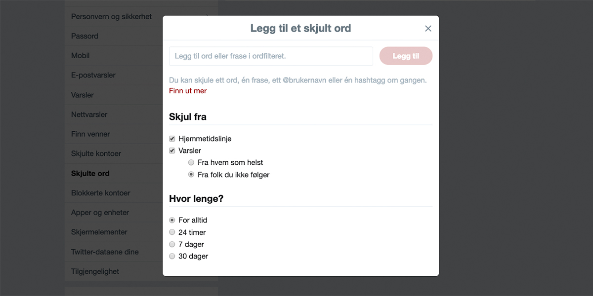 Skjul bestemte ord, fraser, emneknagger og emojier på Twitter.