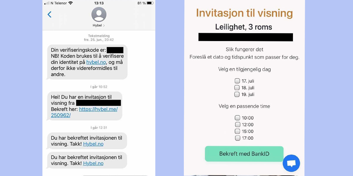 To bilder med eksempler på falske registreringsskjema for Hybel.no