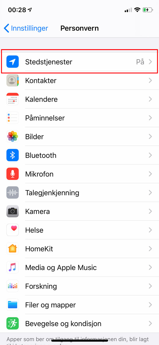 Posisjonsdata på iPhone