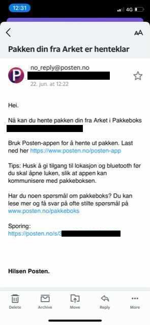 Bilde av legitim e-post fra Posten om henting av pakke