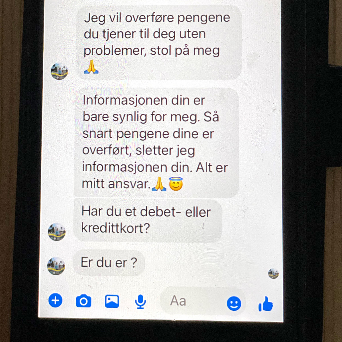 Skjermbilde fra svindelmelding på Messenger