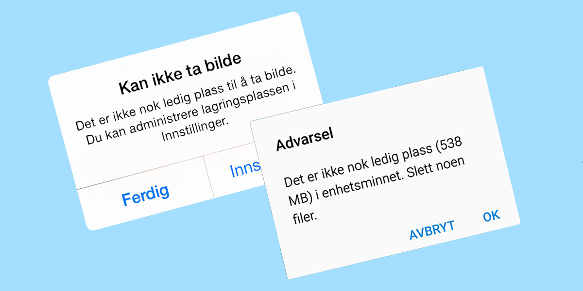 Skjermbilde av advarsel: frigjør lagringsplass på mobilen