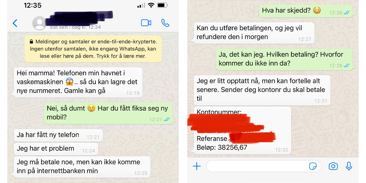 Eksempel på WhatsApp-svindel