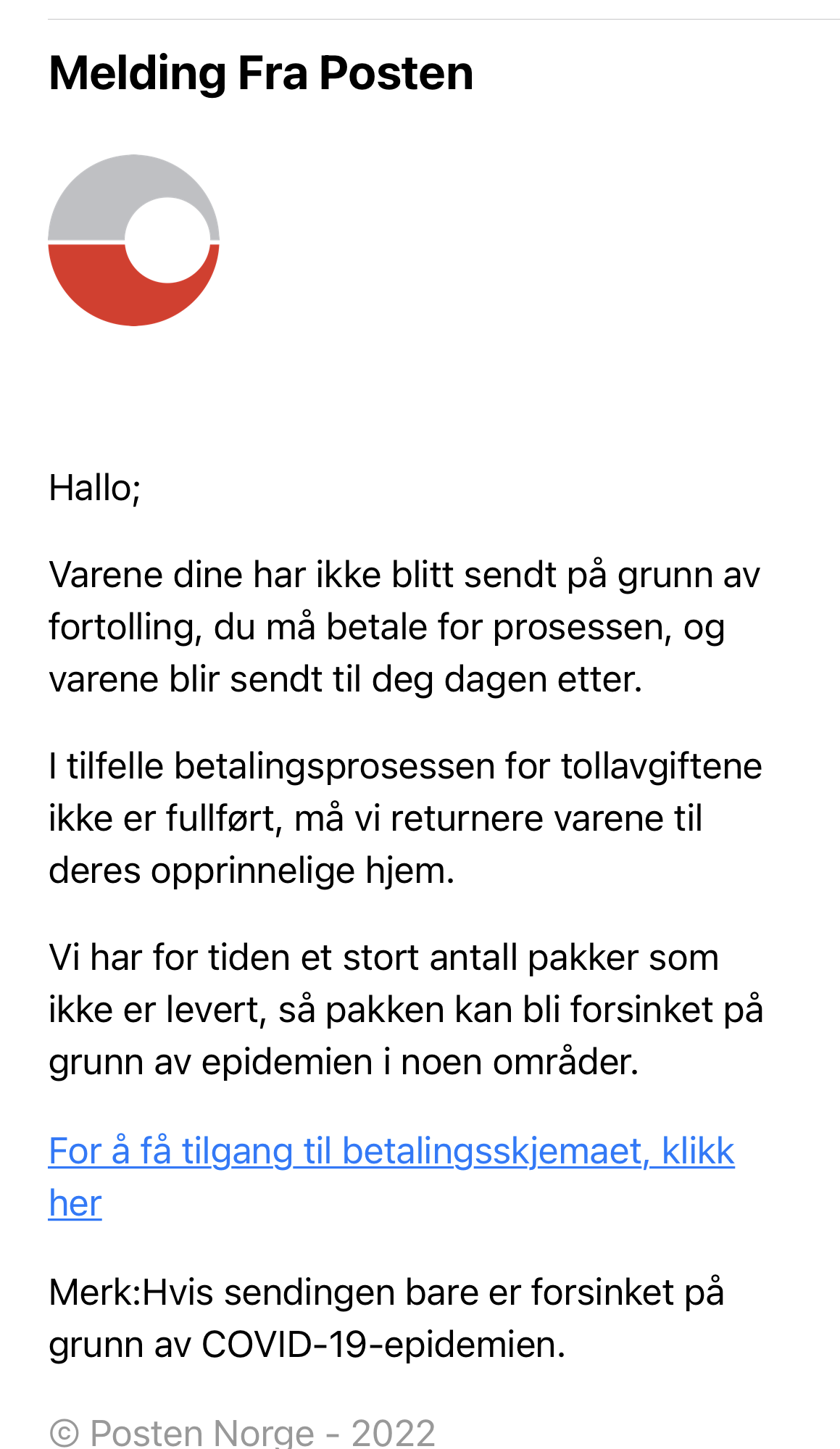 Eksempel på Posten-svindel